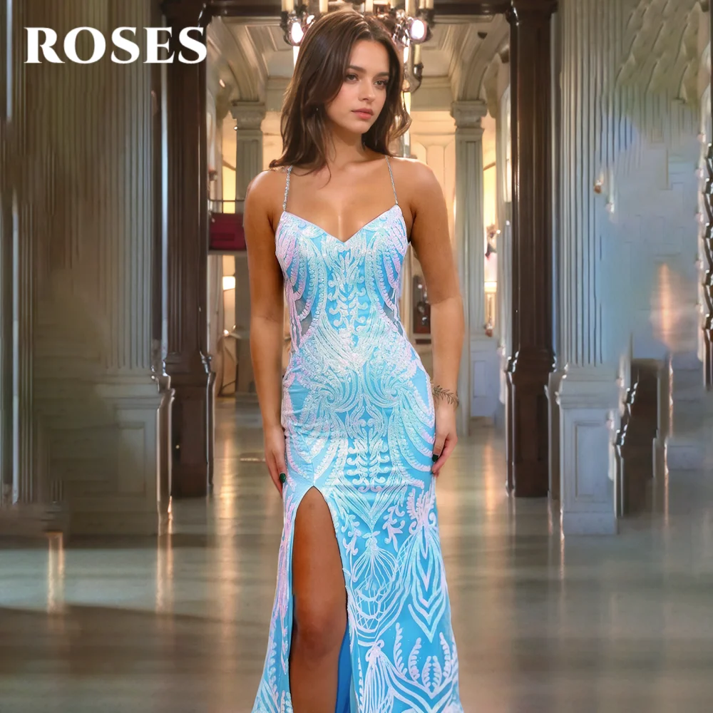 ROSES Blue Gorgeous Prom Dress Sweetheart Backless Prom Gown for Woman Side Split Mermaid Evening Dresses with Lace Customized