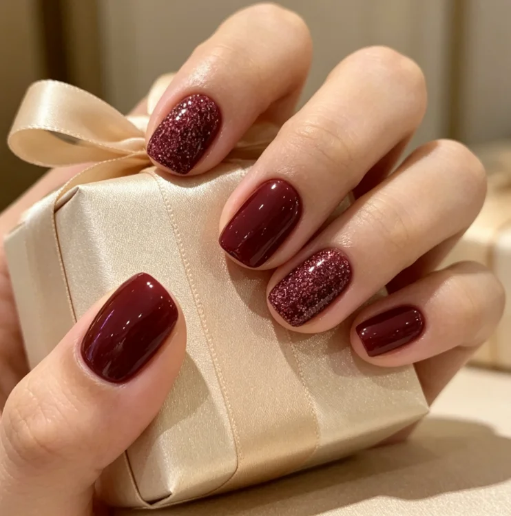Glossy Burgundy Solid Color Short Square Press On Nails Dark Red Glitter Accent Fake Nails Elegant Wine Red Reusable Stick On Nails For Holiday Party Daily Manicure