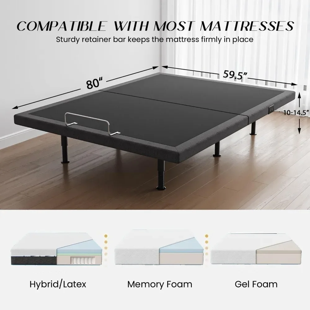 Queen Adjustable Bed Frame with Wireless Remote, Under-Bed Lighting, USB PortsX2, Height Adjustable Legs, Electric Bed Frame