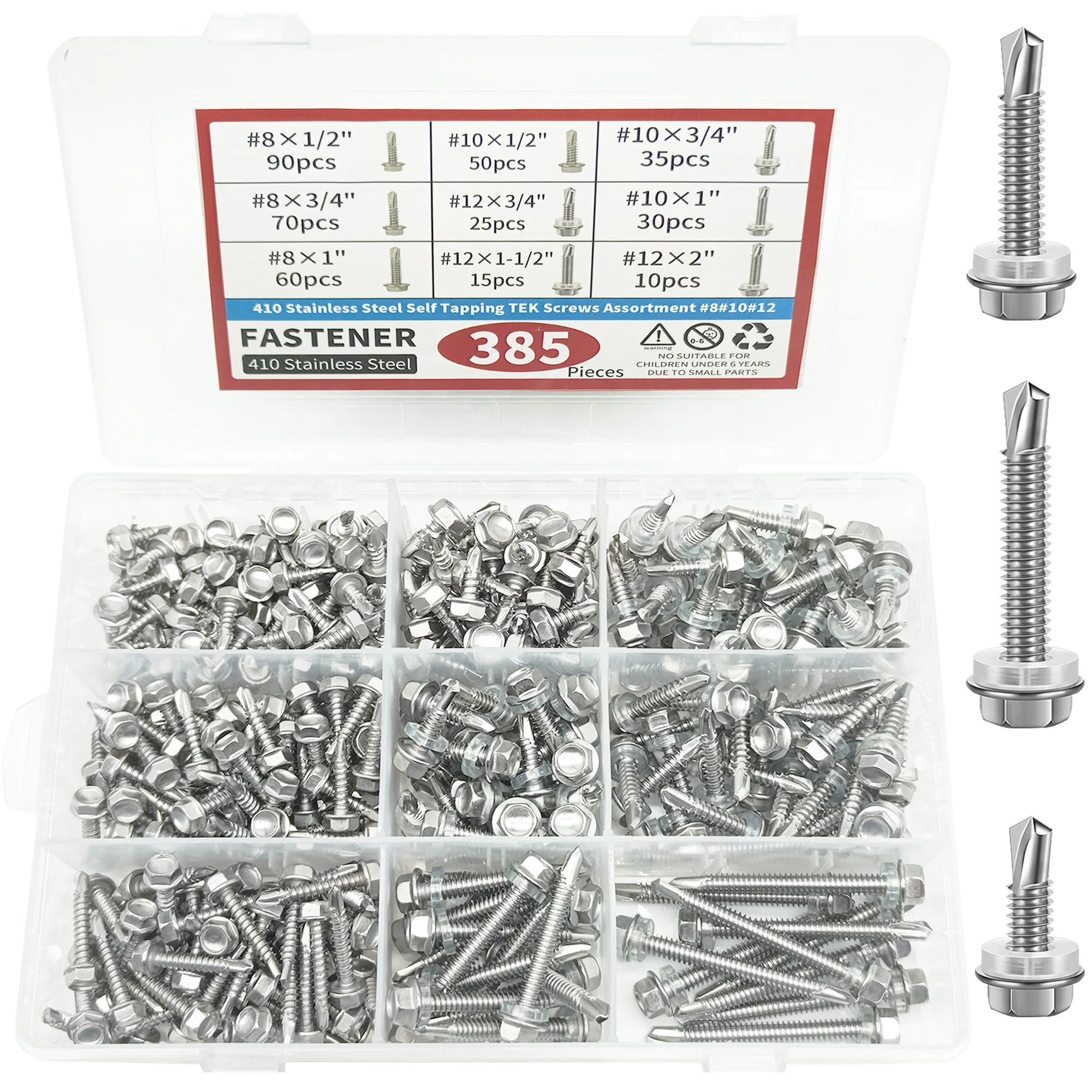 

385pcs Self Tapping TEK Screws Assortment, 410 Stainless Steel #8#10#12 Hex Head Self Drilling Screws for Metal,Length 1/2" to 2