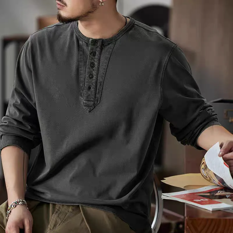 

Men's Spring New Retro Casual Long Sleeve T-shirt Thick Harajuku Loose Henley Neck Retro Base Shirt Versatile T-shirt