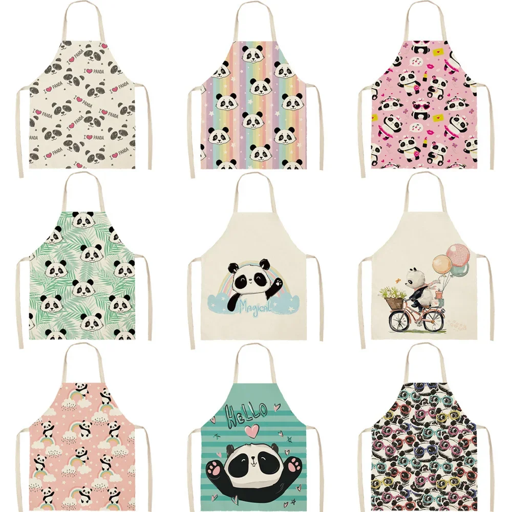 1Pcs Cute Panda Letter Kitchen Aprons For Women Cotton Linen Bibs Household Cleaning Pinafore Home Cooking Apron 55x68cm