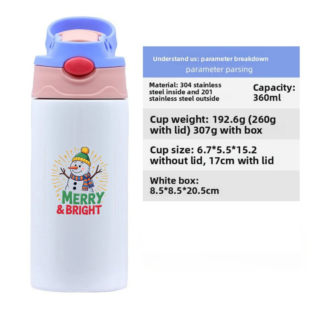 304 كوب معزول من الفولاذ المقاوم للصدأ + كوب امتصاص للأطفال إصدار رجل الثلج الكرتوني عيد ميلاد سعيد ومشرق هدية السنة الجديدة