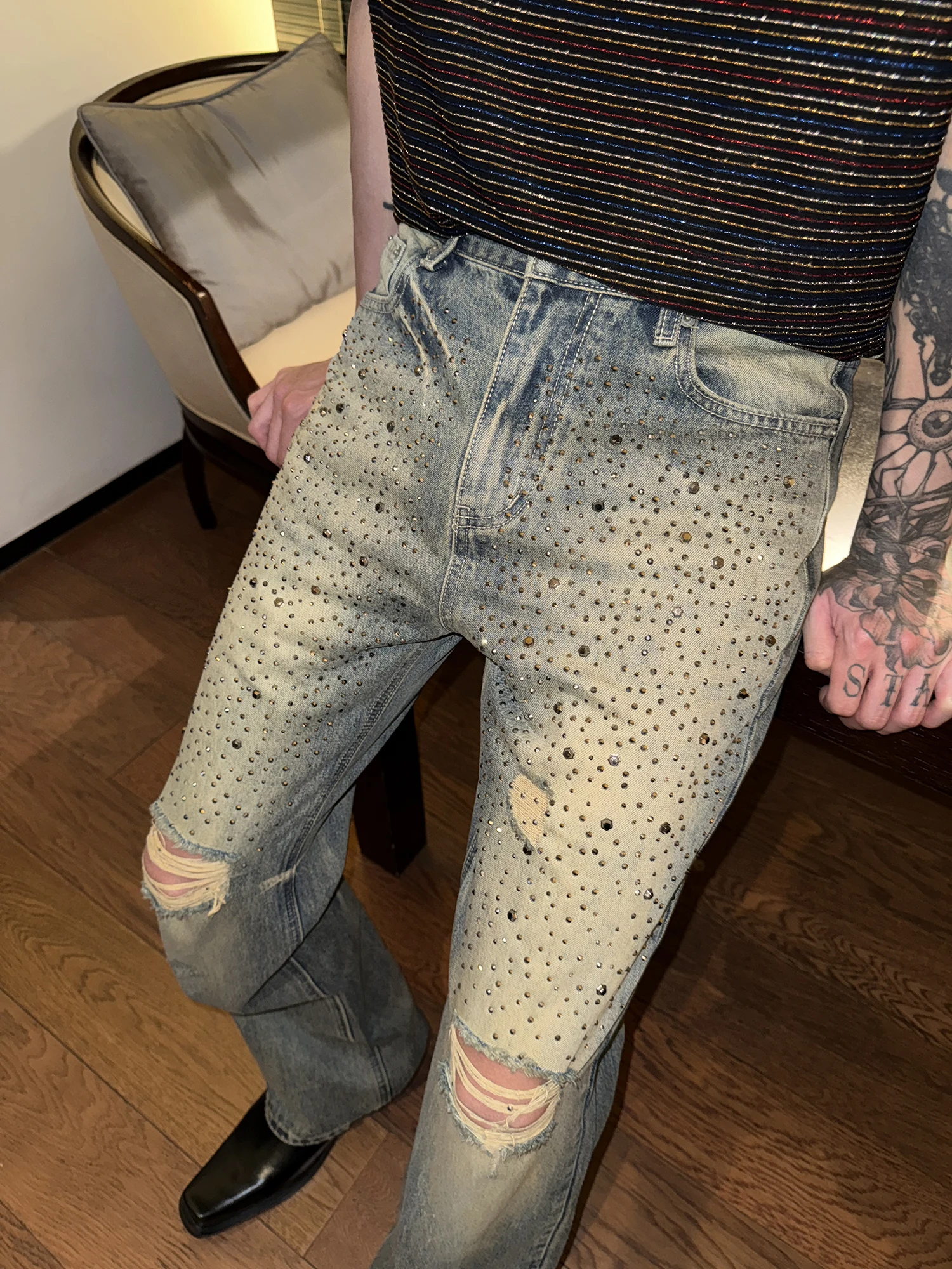 

Мужские джинсы American Heavy Du в стиле ретро, расклешенные джинсовые брюки с бриллиантами, молодежная повседневная одежда, весна 2025 г.