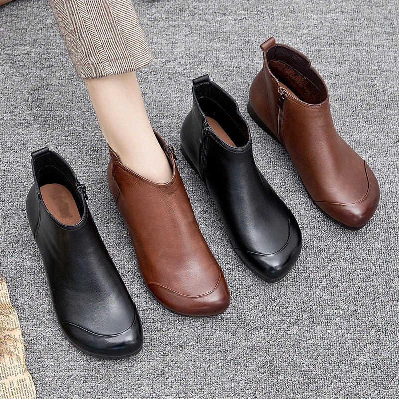 Winter Flat Women\'s Shoes 2024 New Fashion Ankle Boots Retro Casual Plus Size Short Boots Zipper Solid Color Warm Flat Boots