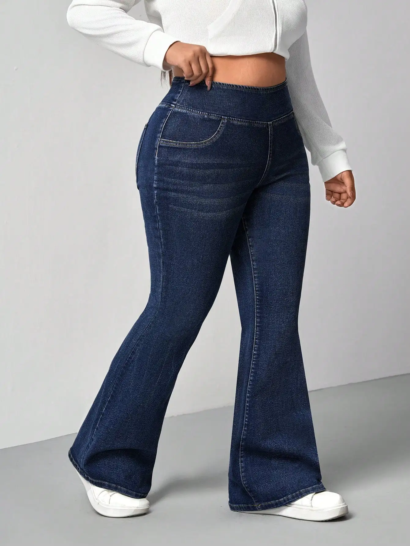 

Джинсы-клеш с высокой талией для женщин больших размеров, эластичные повседневные брюки-клеш с карманами