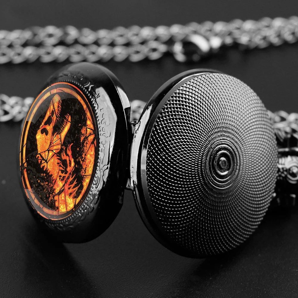 Dinosaur Glass Dome Quartz Pocket Watch With Durable Chain Arabic Numeral Dial Halloween Gifts for Men Women Kids