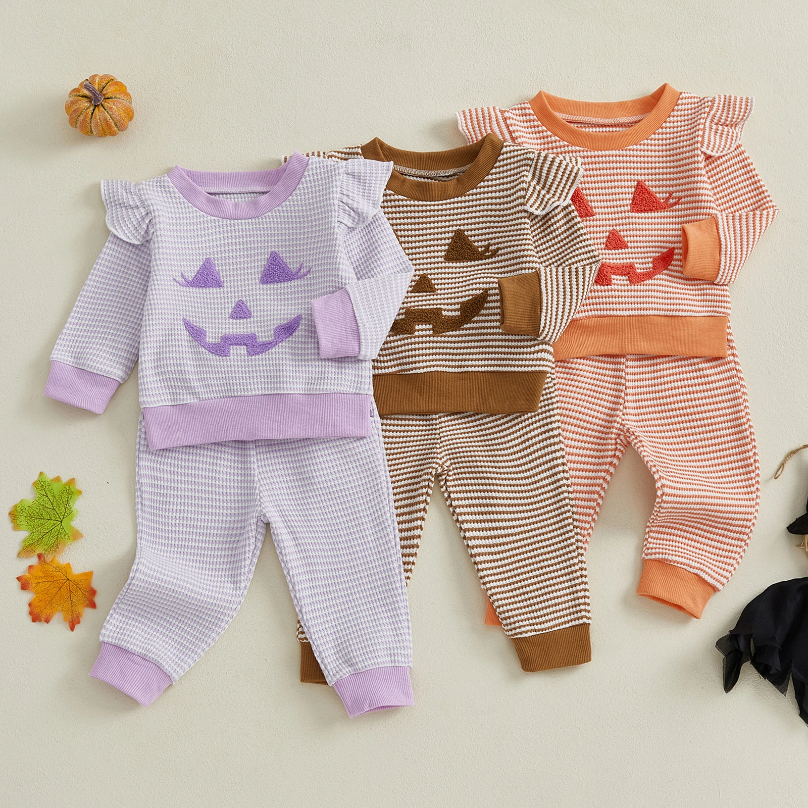 FOCUSNORM 0-4Y الصغار الفتيات ملابس الهالوين مجموعات اليقطين التطريز شريط طباعة طاقم الرقبة طويلة الأكمام الهراء القمم السراويل