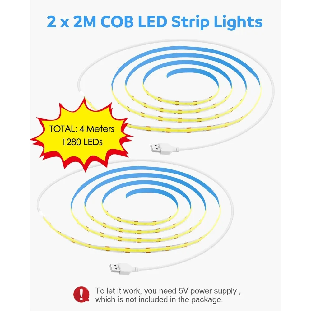Aclorol 5V COB LED Strip Light 6.56FT 640LEDs Warm White LED TV Backlight with 1M USB Cable Flexible Under Cabinet Tape Light fo