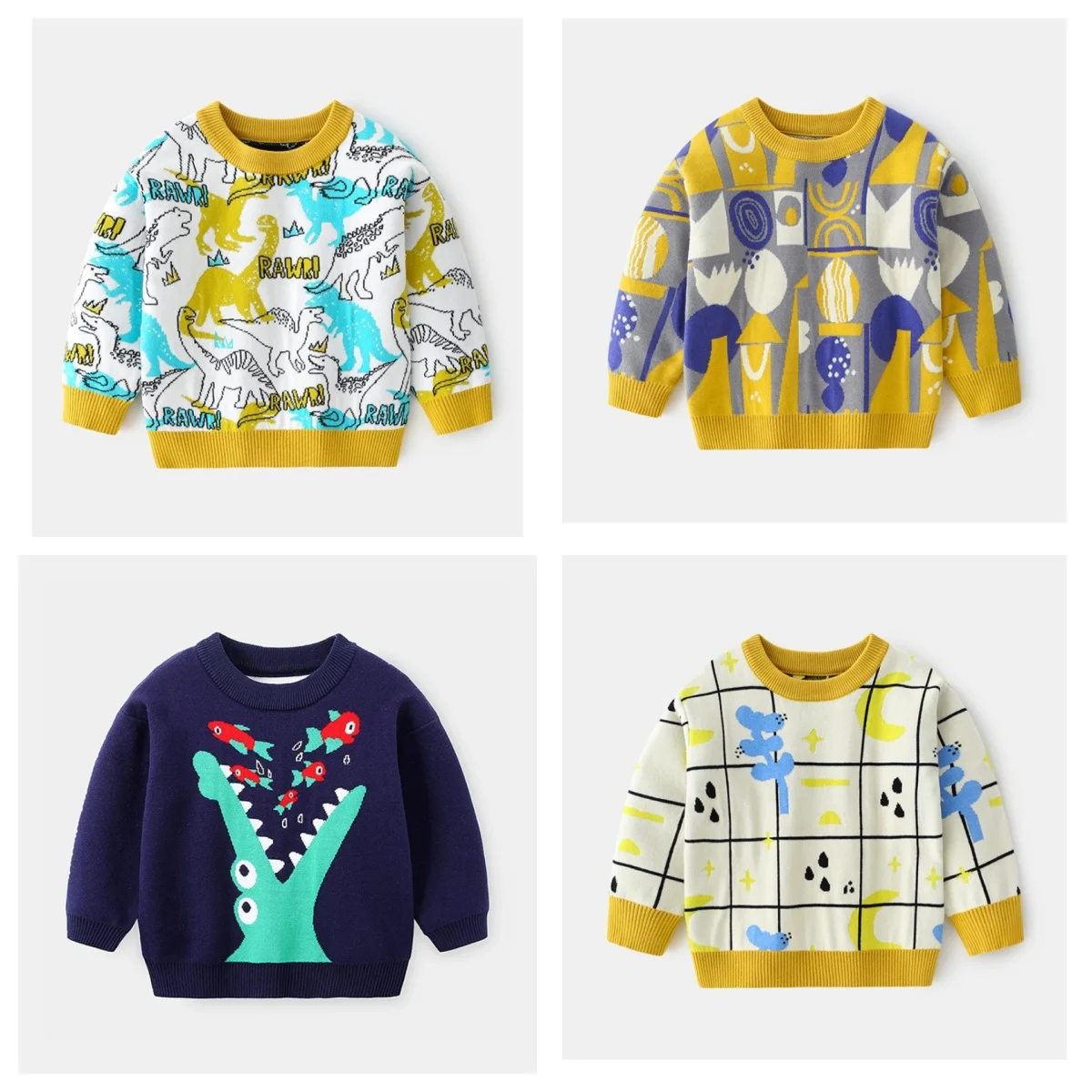 

Children's 3-8Y Knitted Sweater Unisex Cartoon Dinosaur Geometric Print Pullover Boys Girls Casual Warm Jumper