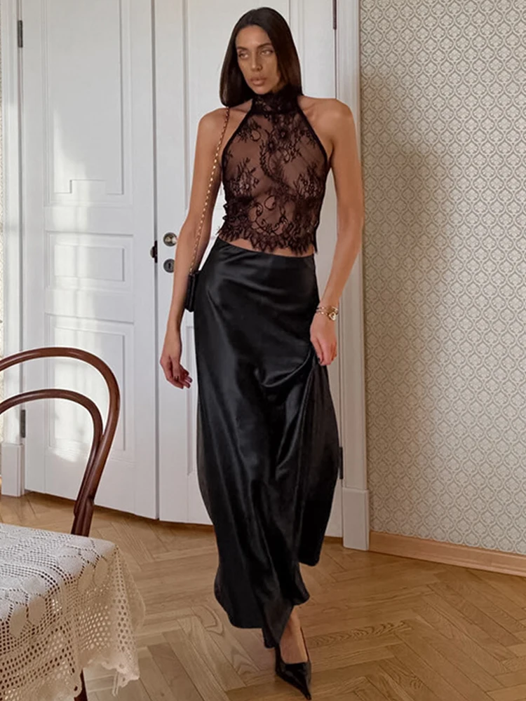 

Trendix Black Elegant Satin Dress Sets Women Sexy Sheer Lace Sleeveless Cropped High Waist Loose Satin Skirt 2 Piece Suits 2026