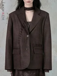 [LANMREM] Blazers de cuero Pu de diseñador para mujer, abrigos Vintage con muescas de un solo pecho, chaquetas de calle, otoño 2024, nuevo CPDB293