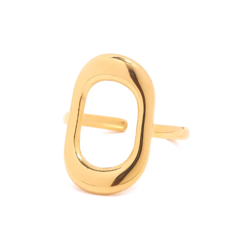 ALLNEWME Simple Hollow Out Rectangle Metallic Chunky Charm Rings Women Man Unisex  Gold Plated Titanium Steel Adjustable Ring