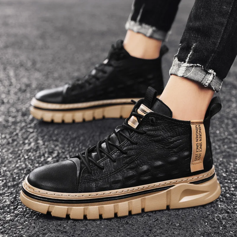 New 1 Boots Men Leather Autumn Winter Casual Shoes Motorcycle Lace Up Ankle Boots Man Platform Fashion Black Mid Top Boots