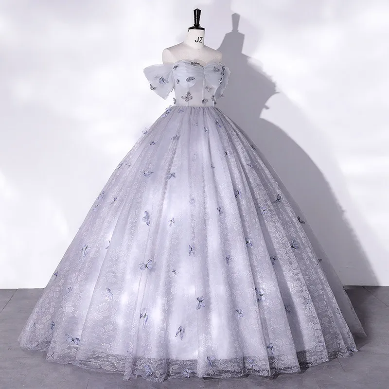 One Shoulder Evening Gown Banquet Performance Coming Of Age Ceremony Solo Singing Fluffy Skirt Butterfly Flower Gown Customized