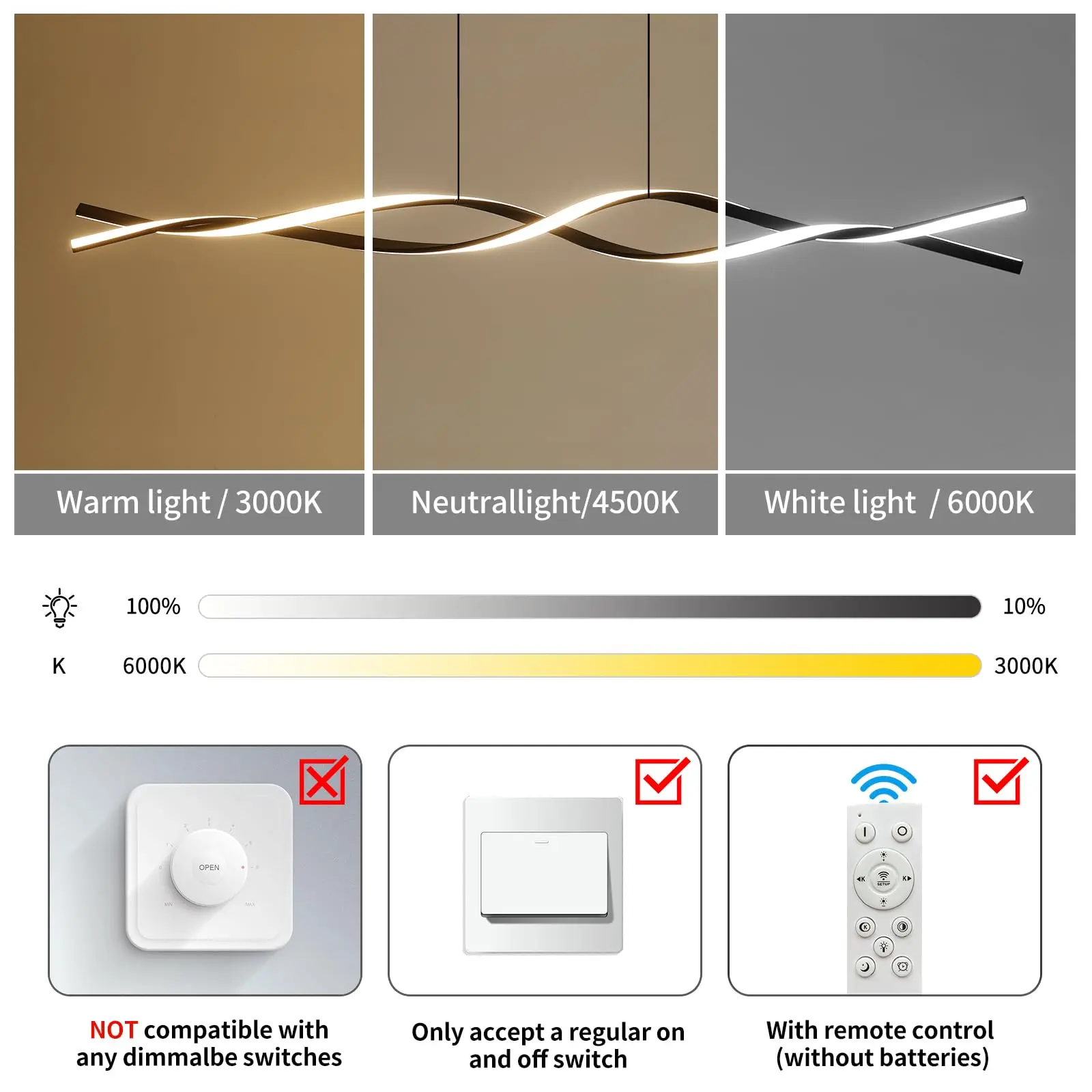 Imagem -04 - Luminária Led Moderna para Sala de Jantar Mesa de Jantar Lâmpada Suspensa Linear Regulável com Controle Remoto 36w 150cm