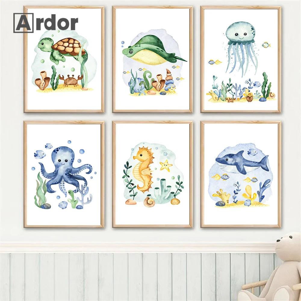 Whale Octopus Turtle Jellyfish Seahorse Ocean Animals Nursery Wall Art Canvas Painting Poster and Prints Picture Kids Room Decor