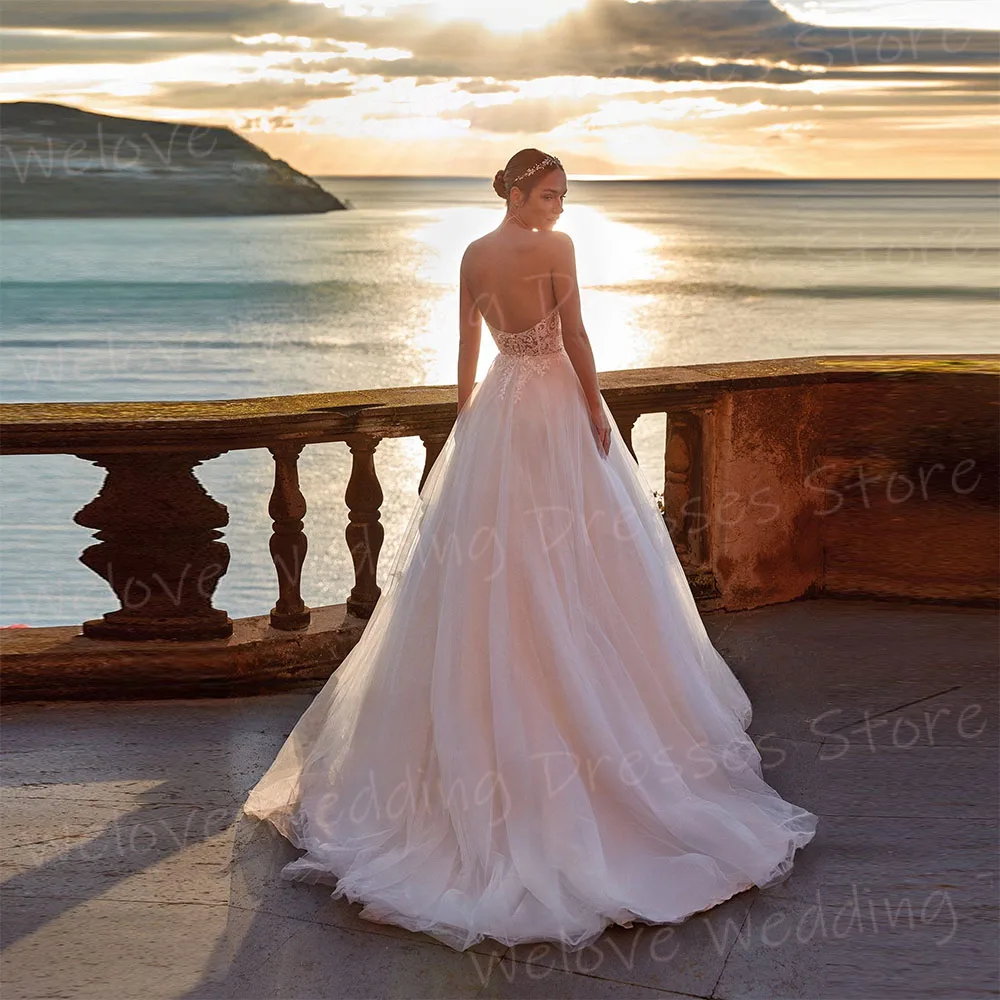 Vestido De Novia bohemio para mujer, traje De encaje con apliques clásicos, sin mangas y sin tirantes