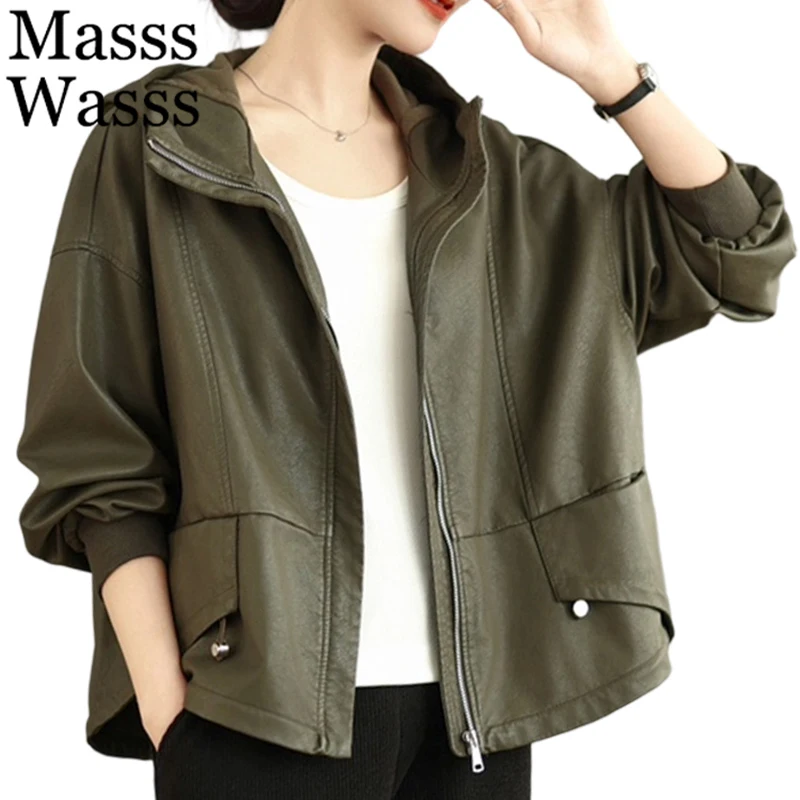 

Masss Wasss 2025 Womens Classic Vintage Hooded Leisure Oversized Faux Leather Jackets Ladies Fashion PU Coats Loose Windbreakers