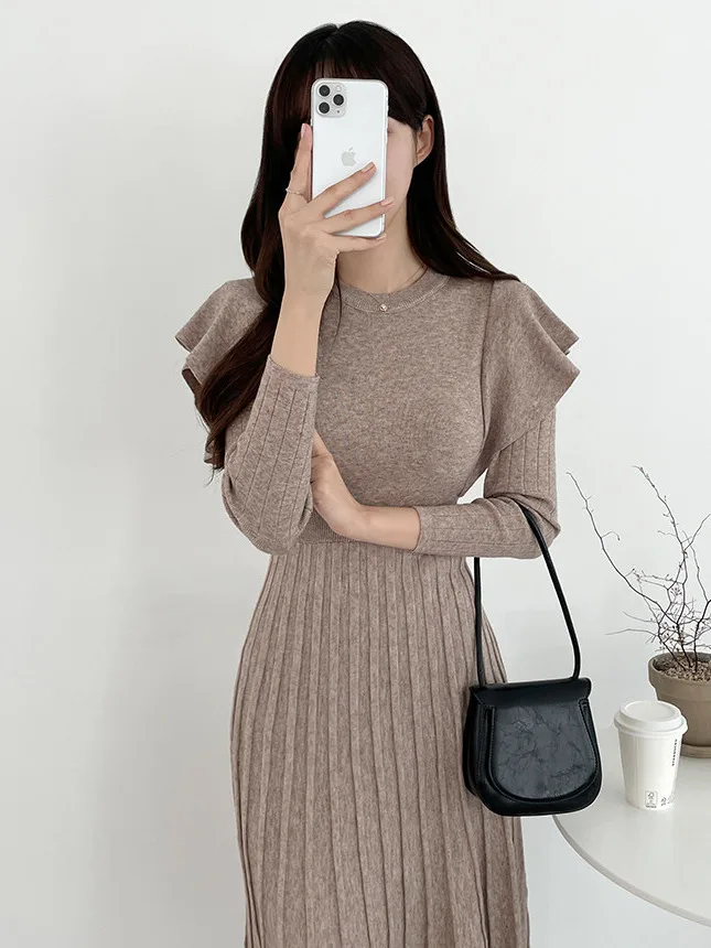 Ele Autumn Winter Vintage round Ne Slim Fit Long Sve Knitted Pleated Dr Women's Faion Chic Holland Design
