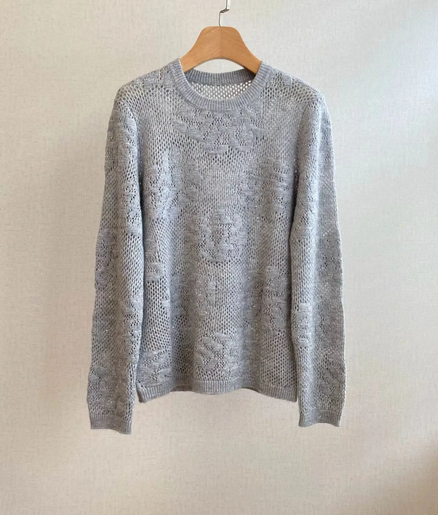 Women Glitter Hollow Knit Pullover Crew Neck Long‑Sleeve Open‑Work Relaxed‑Fit Casual Sweater Top