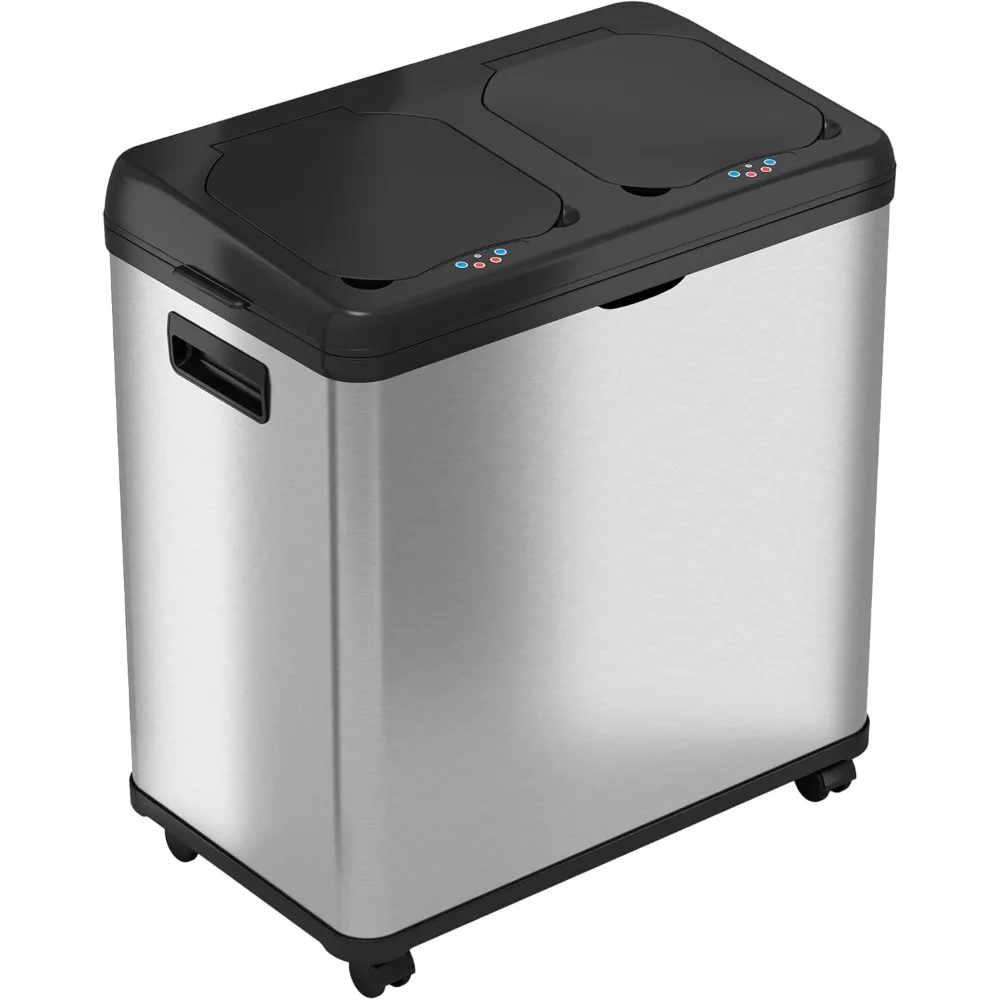 

16 Gallon Touchless Trash Can And Recycle Bin, Stainless Steel, Dual-compartment (8 Gal Each), Kitchen Recycling And Garbage