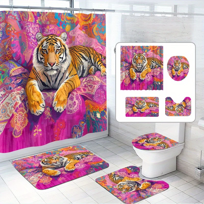 

4pcs, a Tiger-Themed Shower Curtain Set with a Pink Satin Background, Featuring a Striking Contrast Style, Includes 12 Hooks