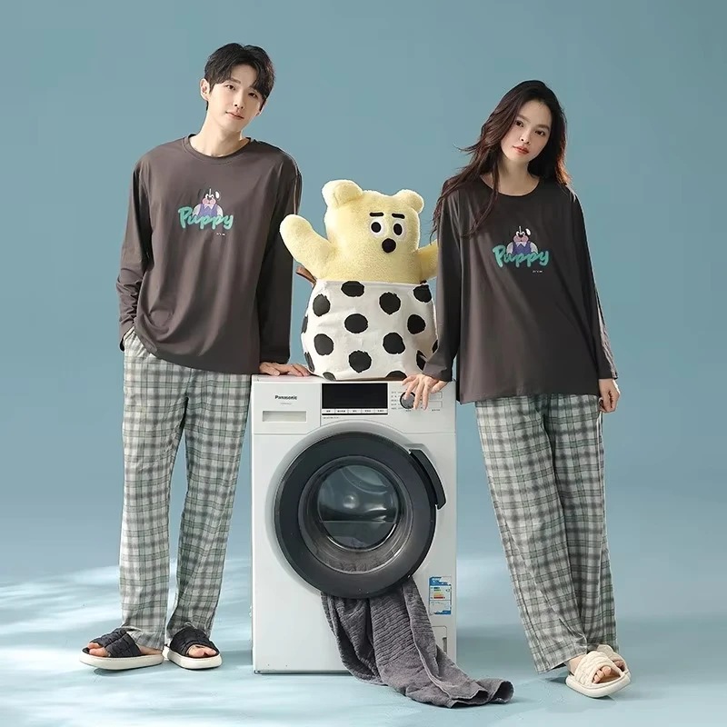 Anti Bacterial Class-A Cotton Cartoon Dog Printed Pajama Sets Women Long Sleeved Checkered Sleep Pants Couple Pajamas Home Suit