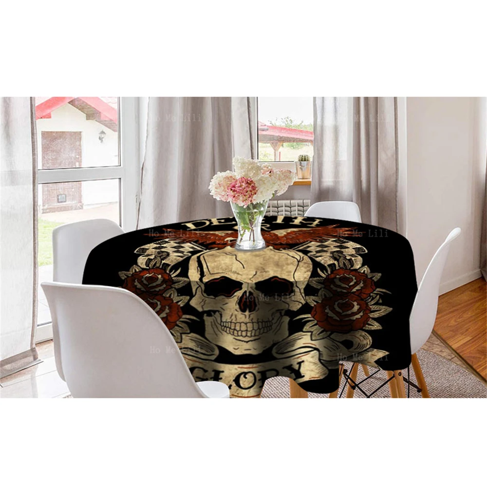 Eagle Skull Death Or Glory Koi Carp Tattoo Japanese Fishess And Waves Samurai Polyester Fabric Round Tablecloth