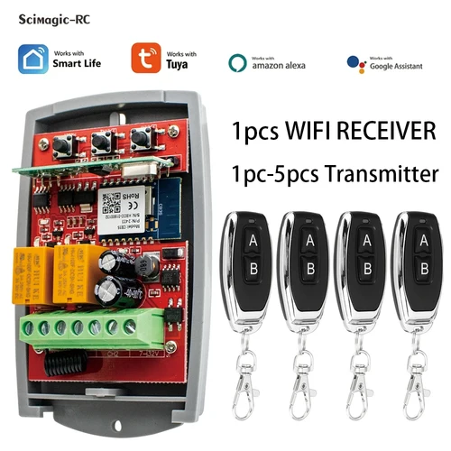 1 unidad de 2 canales WIFI Tuya Control remoto inteligente receptor externo controlador de abridor de puerta de garaje con 1 unidad-5 uds transmisor de 433mhz
