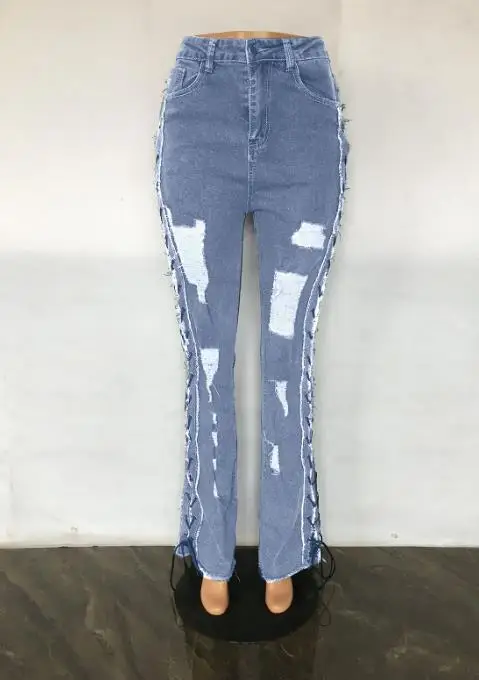 Herbstlich gebürstet, zerrissen, Loch durch Seildesign, eng anliegende Jeans für Damen, trendige und personalisierte Jeans mit hoher Taille