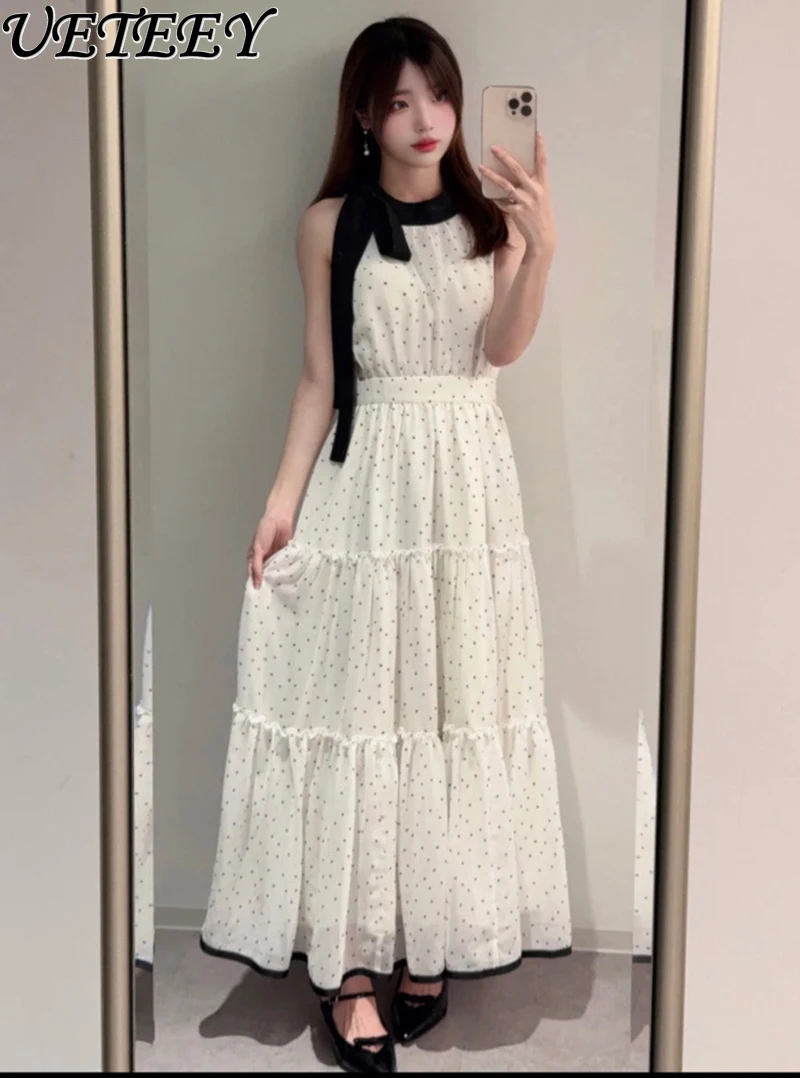 Lente en zomer nieuwe zoete stijl halter hals ronde hals hoge taille afslankjurk mode stip vlinderdas lange jurken