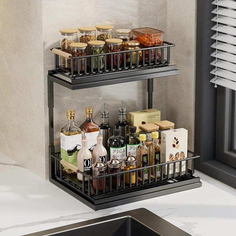 2-Tier Pull-Out Storage Shelf Under Sink Organizer Kitchen Cabinet Spice Rack Multifunctional Bathroom Shelf Cabinet