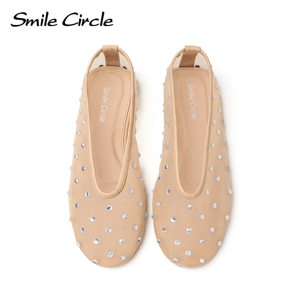 Smile Circle Marcy Wmbellished Mesh Ballet Flats Women Transparent  Crystal Flats Round Toe Genuine leather Women sandals