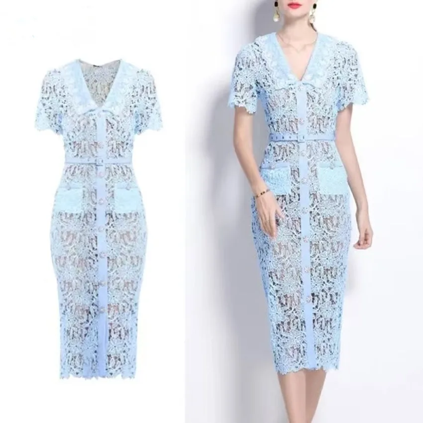 New Runway Fashion Autumn Blue Lace Hollow Out Bodycon Midi Dress Elegant Women V Neck Short Sleeve Crochet Floral Belt Clothes