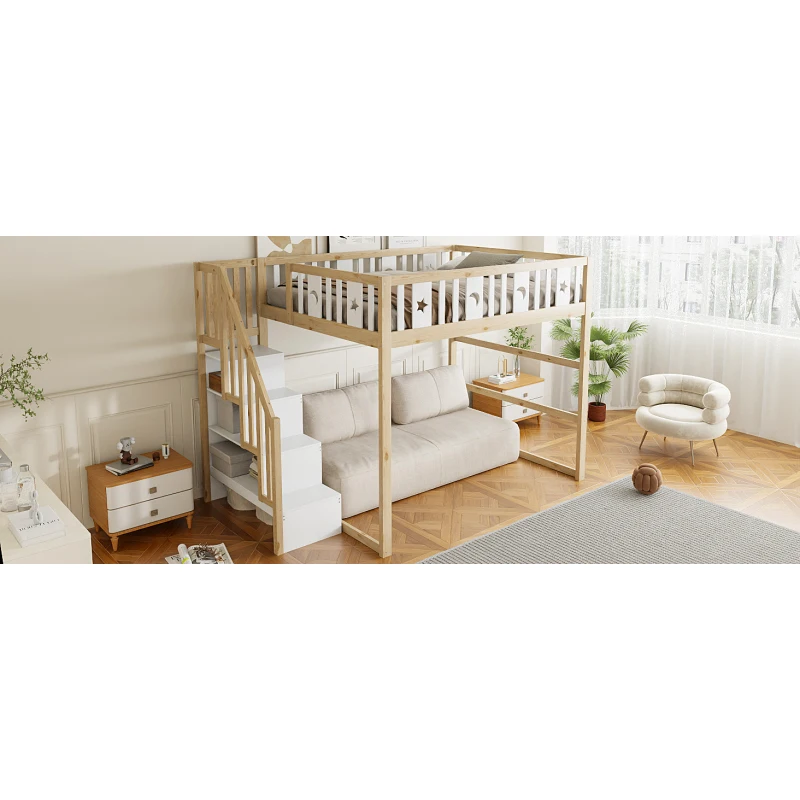 Etagenbett für Kinder 140*200 mit Treppe, Hochbett aus Massivholz mit Sicherheitsgeländer, Stern- und Monddekoration.