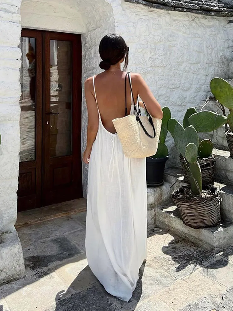 Sexy Backless Spaghetti Strap Dress Women Off Shoulder Sleeveless Loose Long Dresses Summer Lady New Beach Vacation Robe