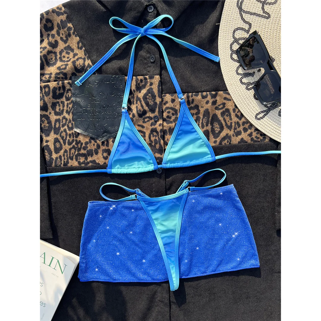 Mit Rock, Neckholder, Mini-Micro-String-Bikini, Damen-Badeanzug, Damen-Bademode, dreiteiliges Bikini-Set, Badebekleidung, Badeanzug, Schwimmbekleidung V4744 – Detail 14