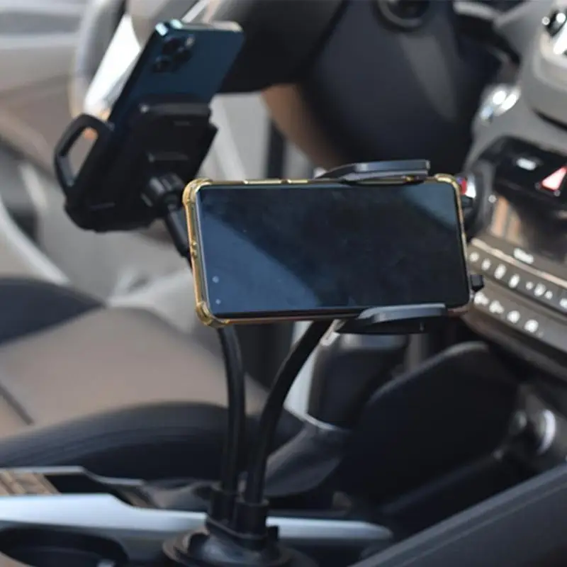 

652F Double Cellphone Stand for Car Dual Cup Holder Stable Anti Slip Universal Phone Cradle 360° Rotatable Plastic Mount 1pc