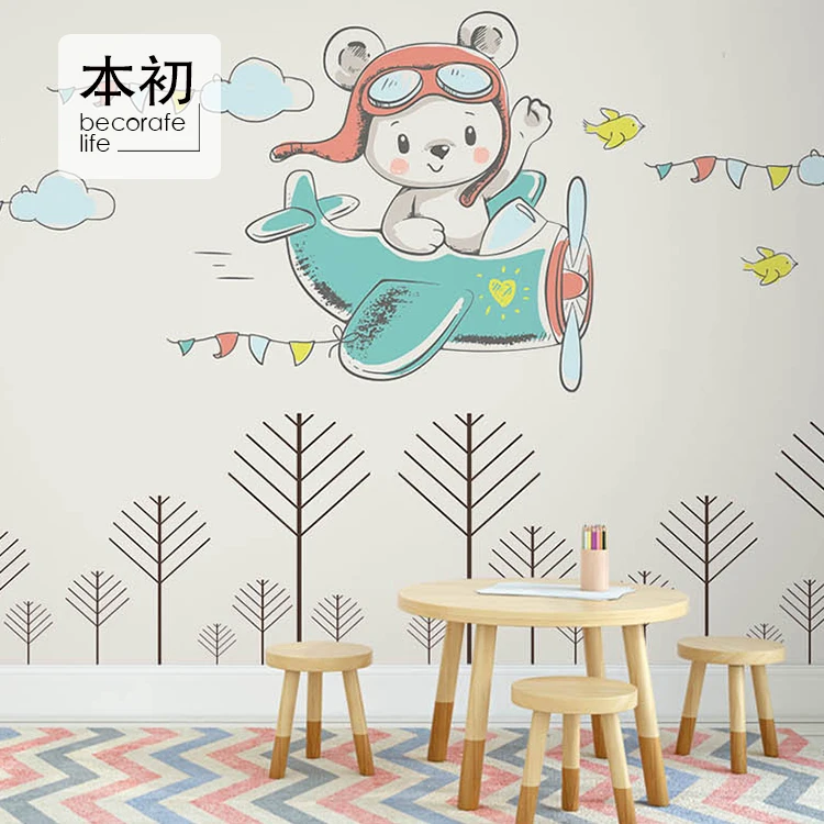 custom 3D Warm children's room bedroom background wall personalized aircraft Nordic mural kindergarten bear wallpaper restaurant