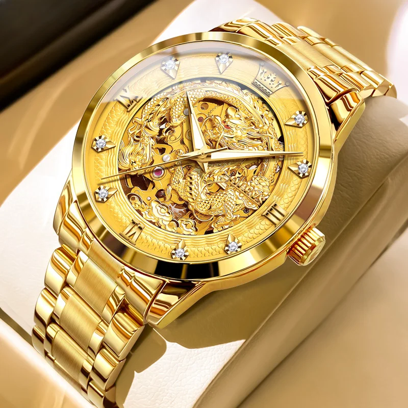 For  Automatic Mechanical Wristwatch Fashion Relios Masculin Watch Gold Dragon Luxury Brand Diamond For Mens Watches