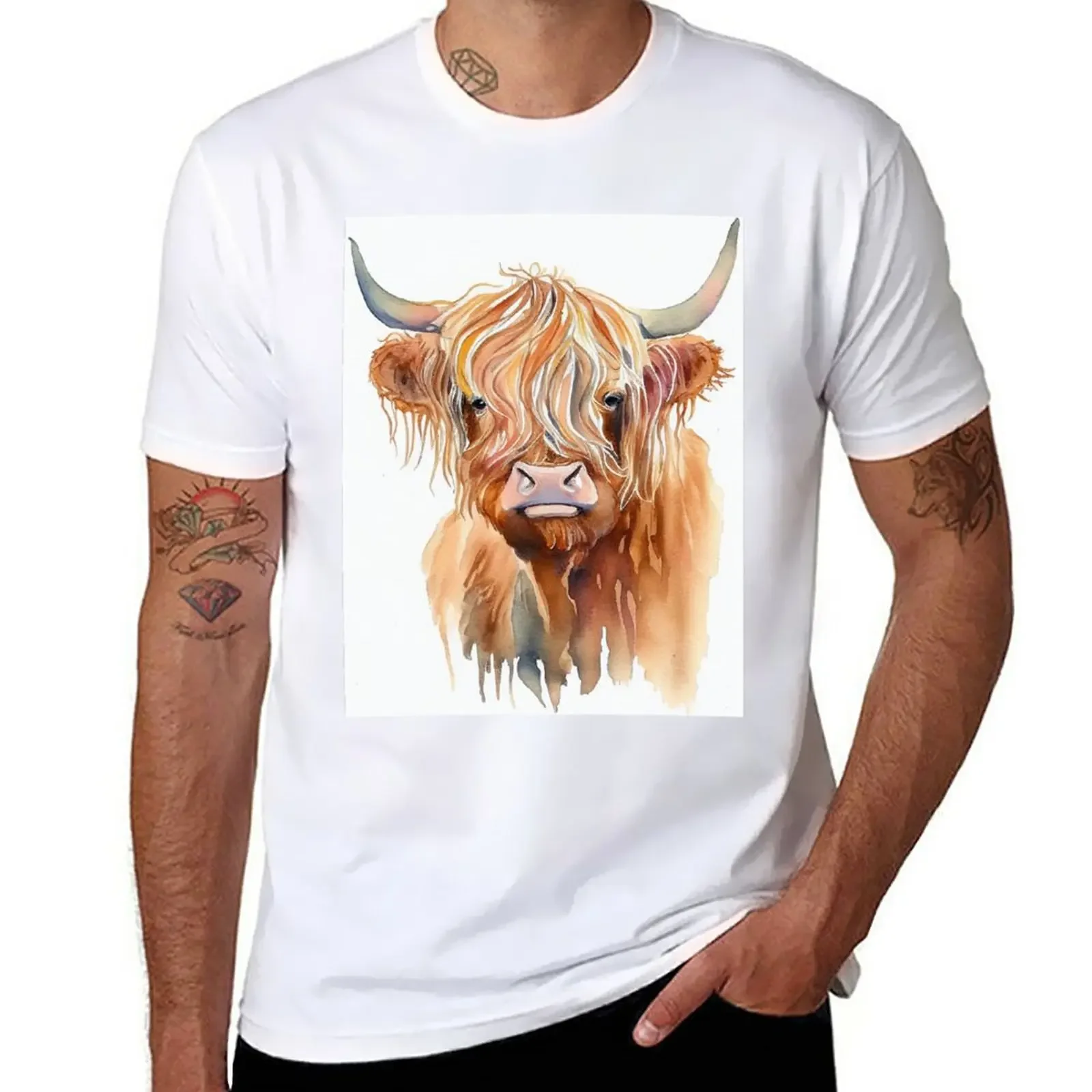 New Highland cow Watercolor Painting T-Shirt t-shirts man Tee shirt oversized t shirt tees mens clothing