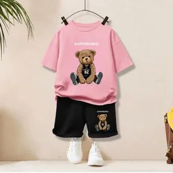 Set di vestiti estivi per neonate t-shirt e pantaloncini a maniche corte per bambini vestito da 2 pezzi vestito con fondo superiore stampato orso cartone animato per bambini