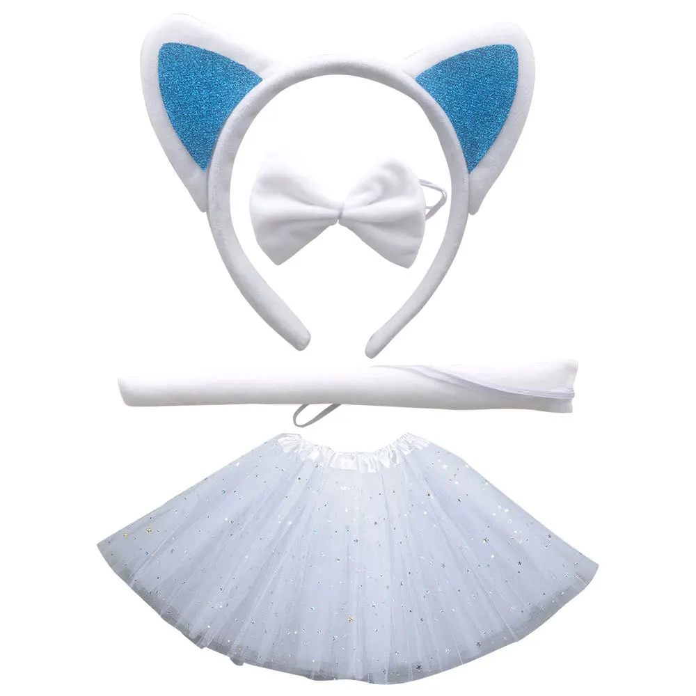 Children Girls Kids Cat Ear Headband Bow Tie Tail Animal Tutu Skirt  Hair Accessories  Headwear  Halloween Costume Cosplay