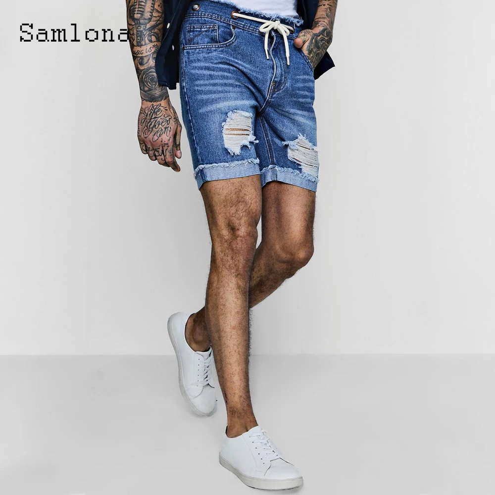 

Men Sexy Lace-Up Ripped Demin Shorts Skinny Fashion Crimping Hotpants Latest Summer Model Stand Pocket Jean Shorts Clothing 2022