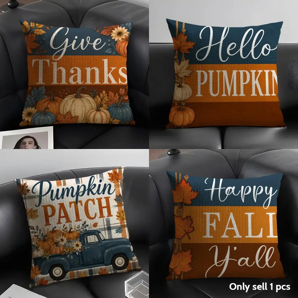 Happy Fall Yall Farm Pumpkins Cushion Cover Natural Linen Pillow Case Organic Fabric Double Sided Print Sofa Home Decor Gift