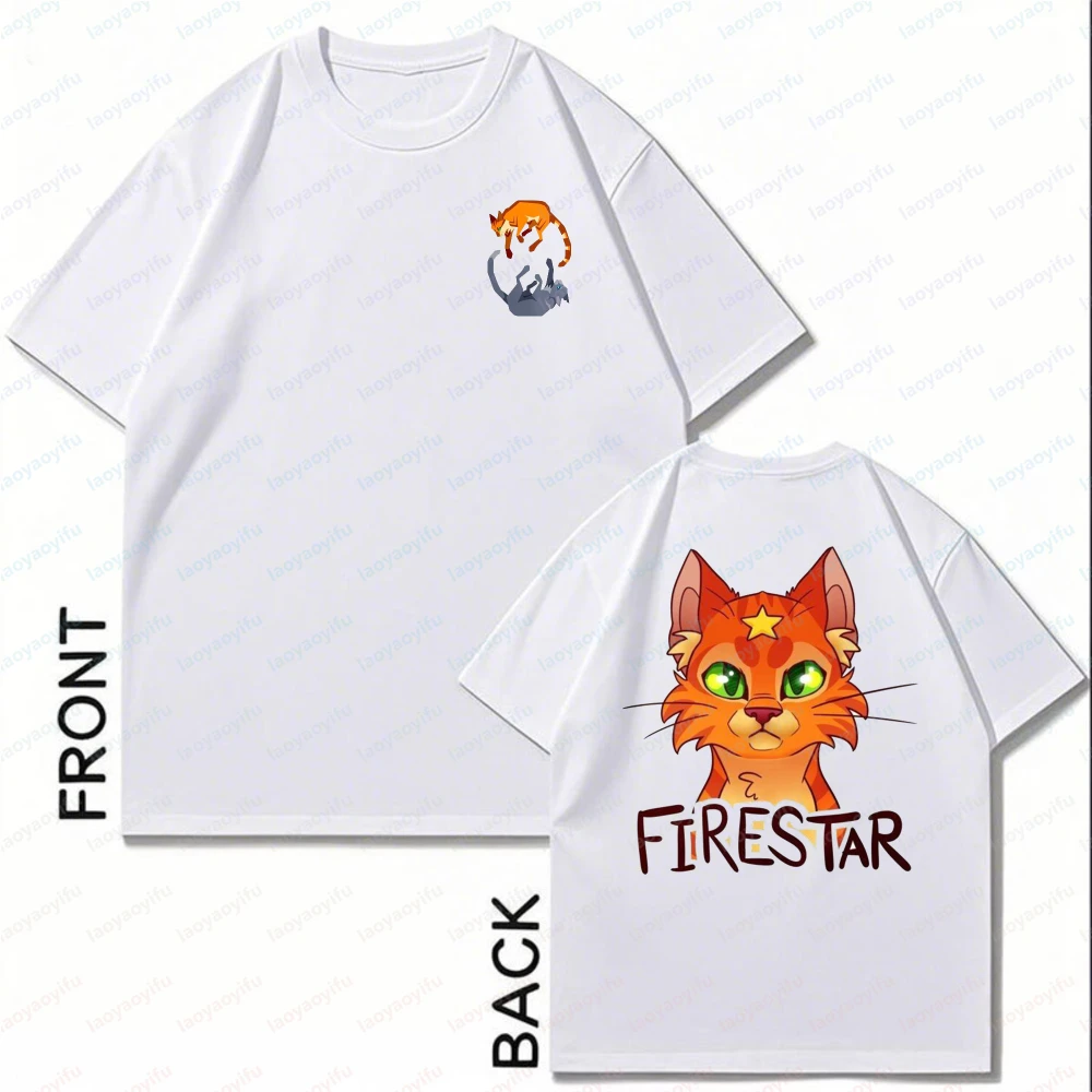 Firestar Cat Warrior Front and Back Print Unisex Cotton T-Shirt Cute Anime Character Tees Fantasy Novels Fans of Warrior Cats