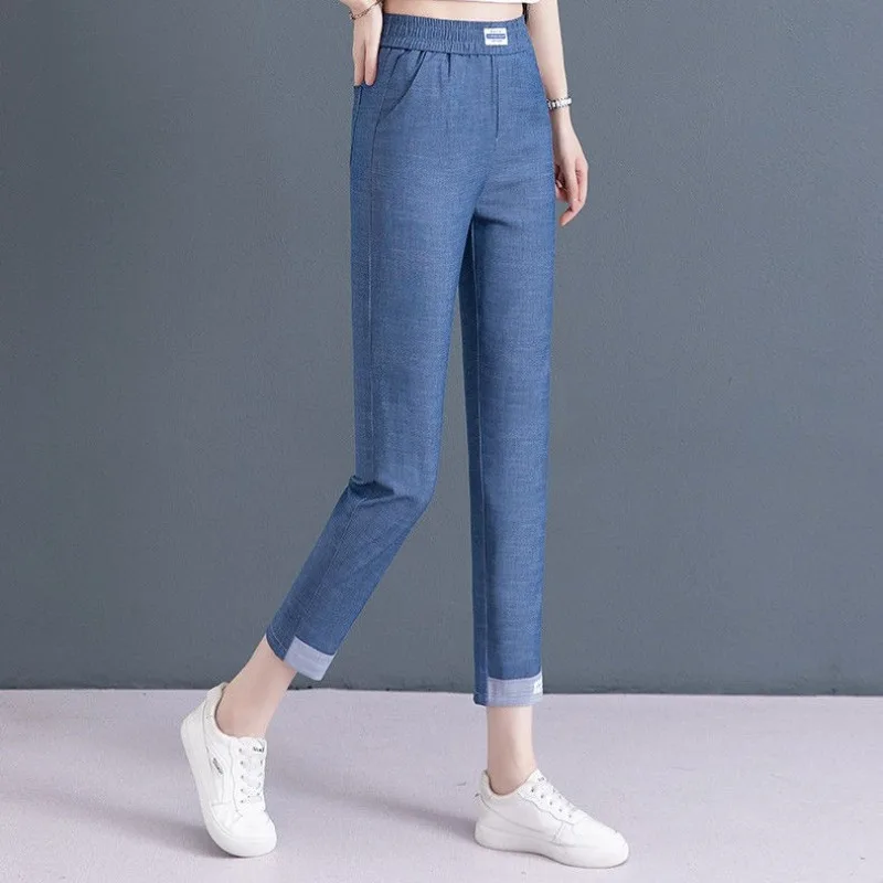 Women's 2024 Summer New Patchwork High Waited Fashion Solid Color Pocket Office Lady Slim Fit All Match Folds Casual Jeans