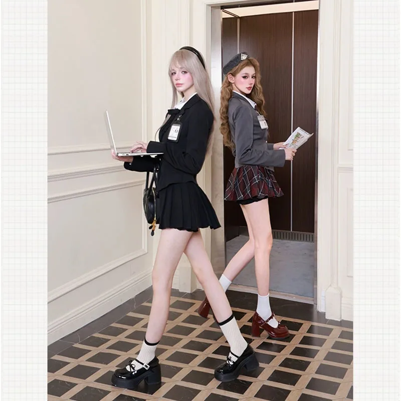 Women Suit 2024 Autumn Elegant Fashion Grey 2 Piece Sets Woman Slim Blazer Coat + Sweet Female Mini Skirt Korea Party Dress Set
