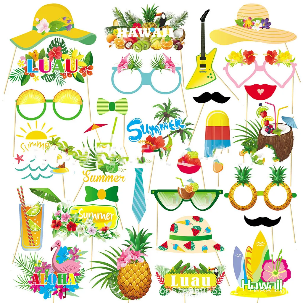 Hawaii Luau Photo Booth Props Aloha Pineapple Flamingo Camera Shootings Happy Summer Beach Time Party Photo Props Supplies